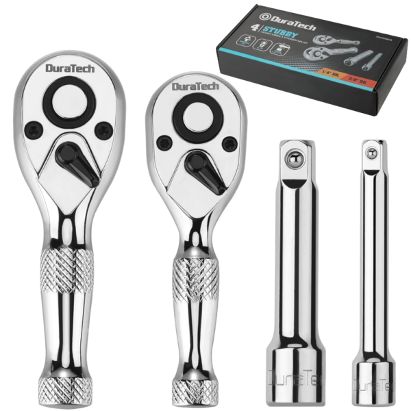 DURATECH Stubby Ratchet Set 1/4-Inch and 3/8-Inch Ratchets with 2 Extension Bars 4-piece 72-T Reversible Quick-Release